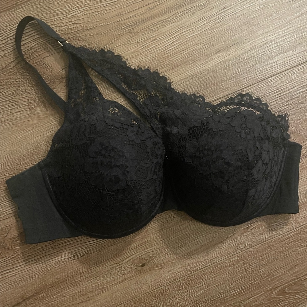 Cacique lightly lined asymmetric black lace bra